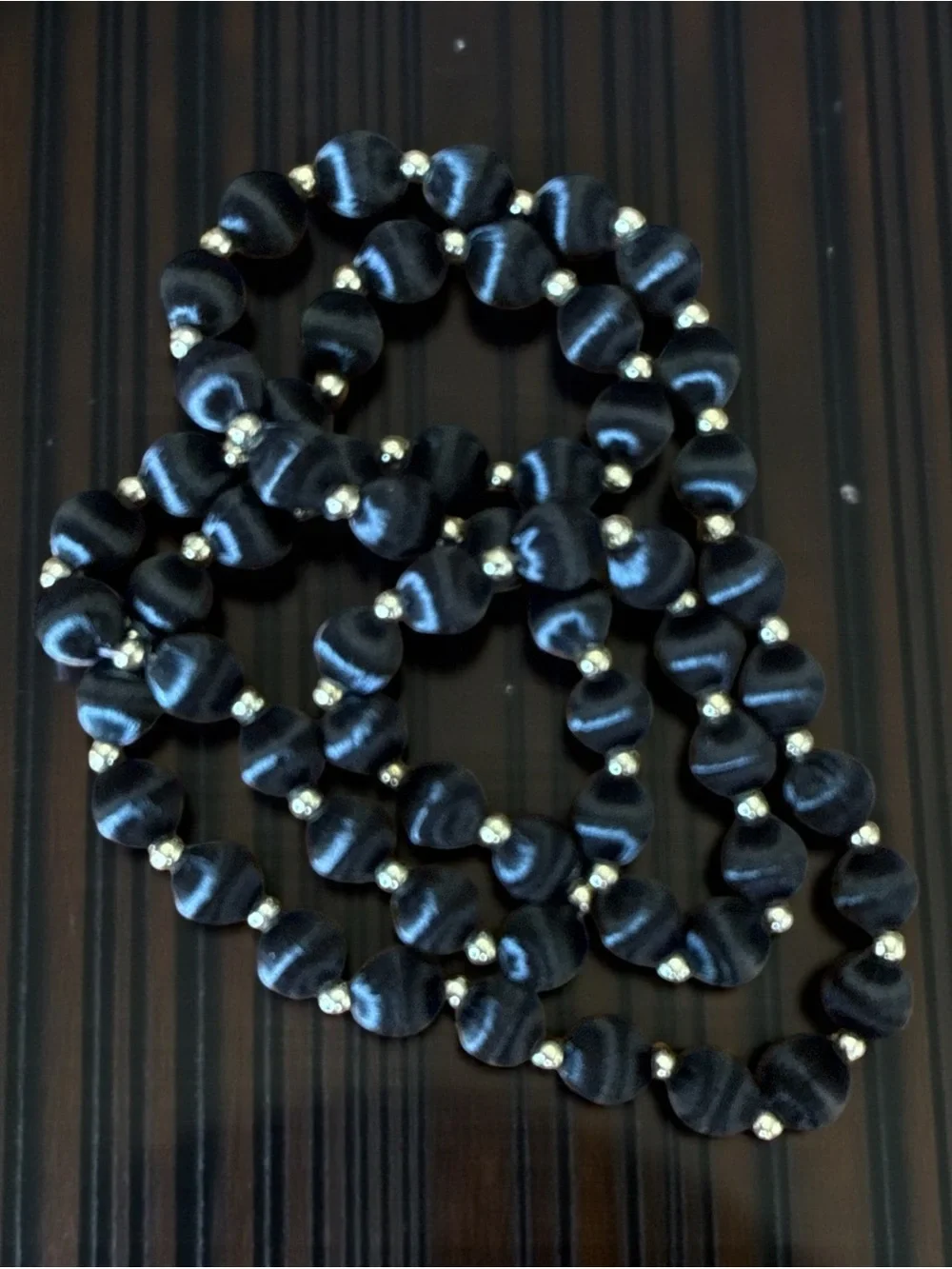Vintage Black Satin Wrapped Bead Necklace 30” + Gold Tone Spacers 70s 80s